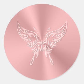 Pink Stylized Butterfly Round Tail, Embossed-look Classic Round Sticker