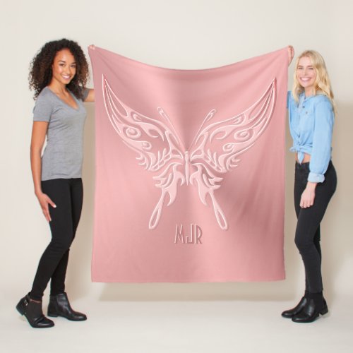 Pink Stylized Butterfly Round Tail Embossed_look Fleece Blanket