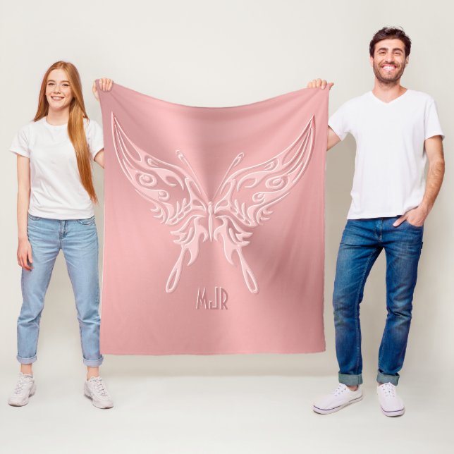 Pink Stylized Butterfly Round Tail, Embossed-look Fleece Blanket (In Situ)
