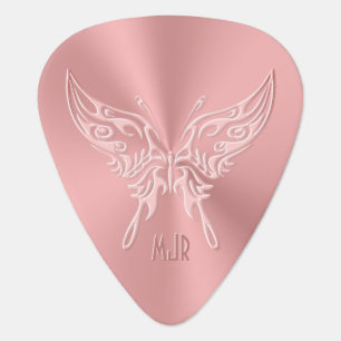 Pink Stylized Butterfly Round Tail, Embossed-look Guitar Pick