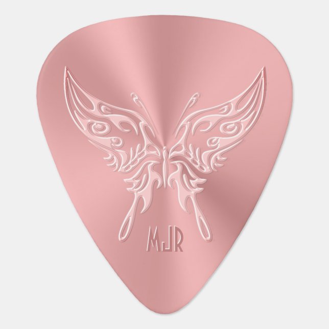 Pink Stylized Butterfly Round Tail, Embossed-look Guitar Pick (Front)