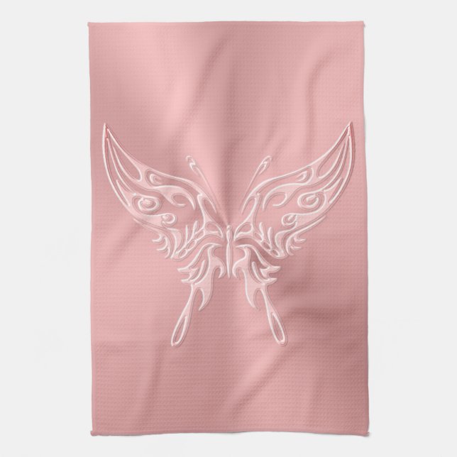 Pink Stylized Butterfly Round Tail, Embossed-look Kitchen Towel (Vertical)