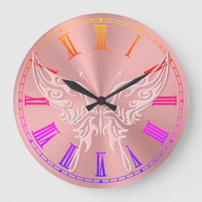 Pink Stylized Butterfly Round Tail, Embossed-look Large Clock (Front)