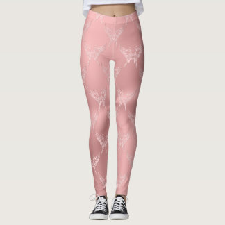 Pink Stylized Butterfly Round Tail, Embossed-look Leggings