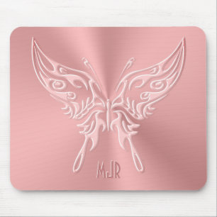 Pink Stylized Butterfly Round Tail, Embossed-look Mouse Pad
