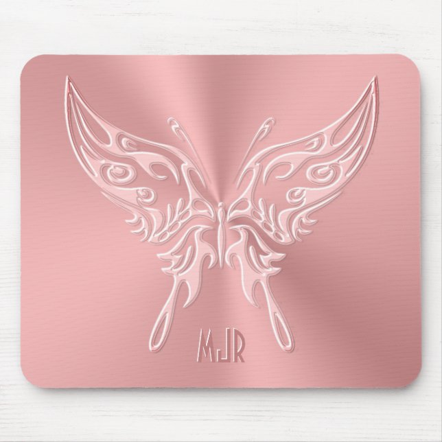 Pink Stylized Butterfly Round Tail, Embossed-look Mouse Pad (Front)