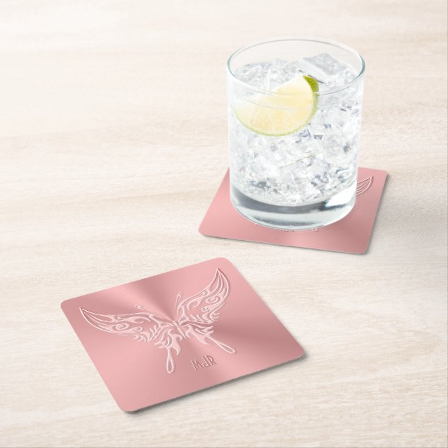 Pink Stylized Butterfly Round Tail, Embossed-look Square Paper Coaster (Insitu)