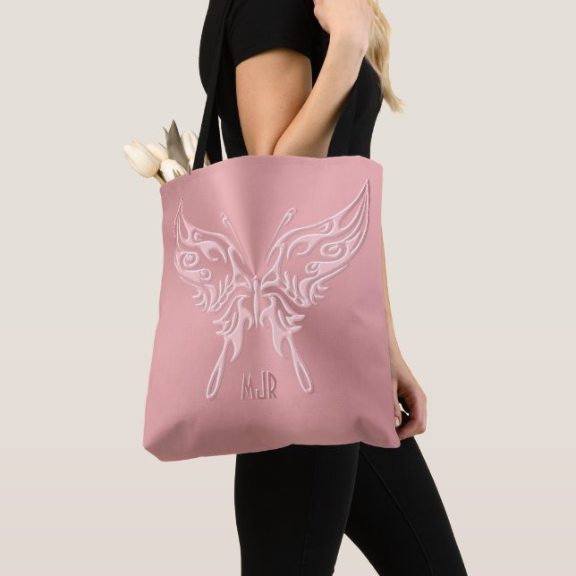 Pink Stylized Butterfly Round Tail, Embossed-look Tote Bag (Close Up)
