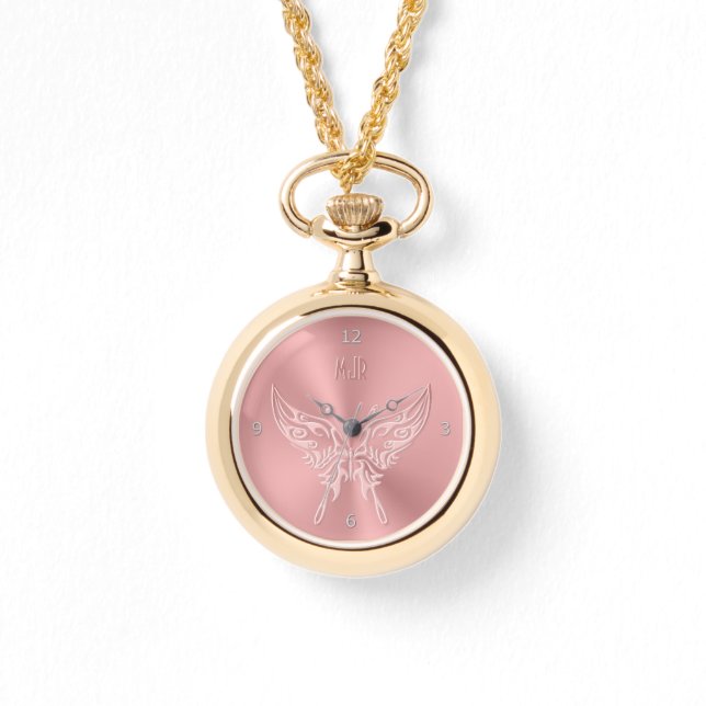 Pink Stylized Butterfly Round Tail, Embossed-look Watch (Front)