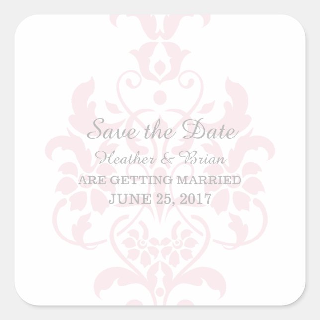 Pink Subtle Damask Save the Date Stickers (Front)