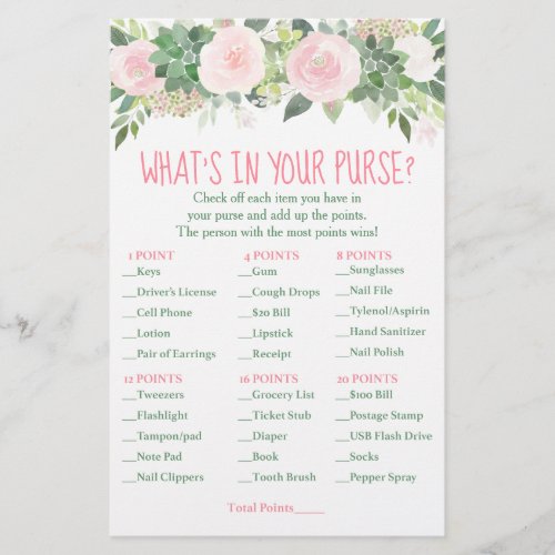 Pink Succulent Floral Whats In Your Purse Game