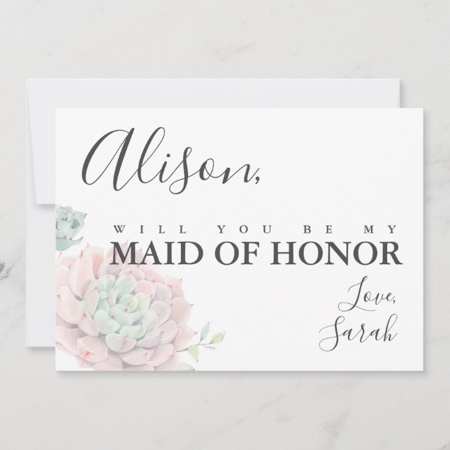 Pink Succulent Maid of Honor Proposal Card (Front)