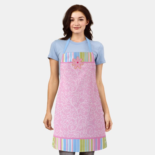 Pink Sugar Cookie Swirls and Stripes Apron (Worn)