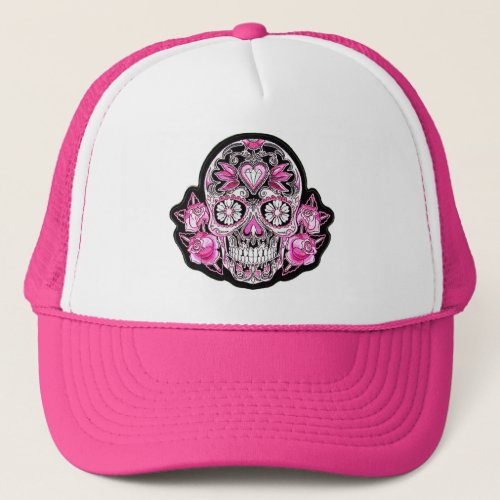 Pink Sugar Skull and Roses Trucker Hat