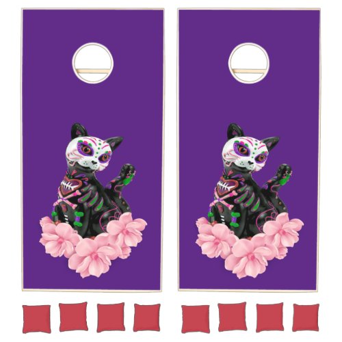 Pink Sugar Skull Day Of The Dead Cat Cornhole Set