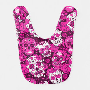 Pink sugar skull floral ornamental pattern baby bib