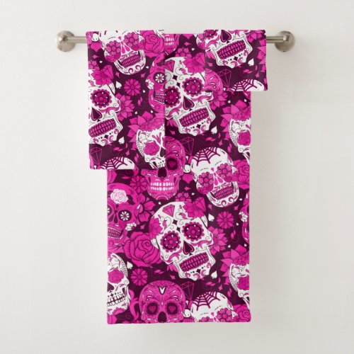 Pink sugar skull floral ornamental pattern bath towel set