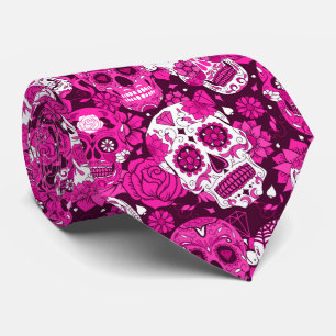 Pink sugar skull floral ornamental pattern neck tie