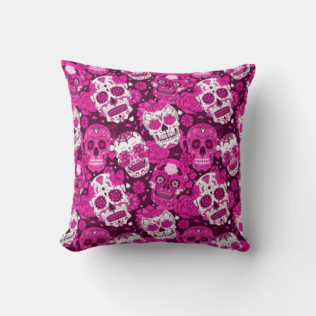 Pink sugar skull floral ornamental pattern throw pillow (Front)