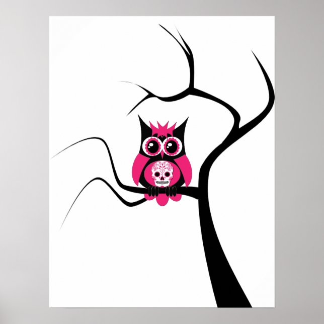 Pink Sugar Skull Owl in Tree Poster (Front)