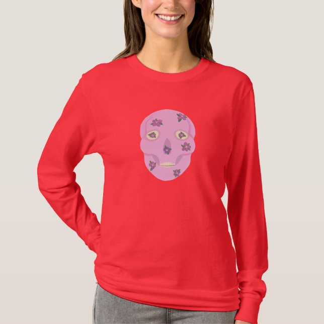 Pink Sugar Skull with Purple Flowers Tshirts (Front)