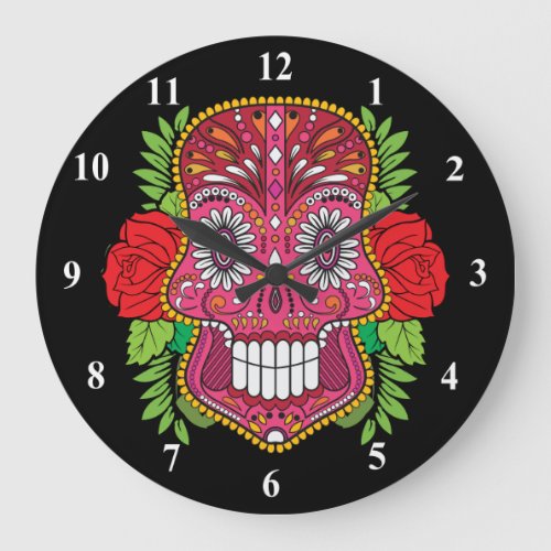 Pink Sugar Skull With Red Roses Green Leaves Large Clock