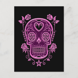 Pink Sugar Skull with Roses on Black Postcard