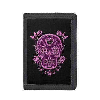 Pink Sugar Skull with Roses on Black Tri-fold Wallet