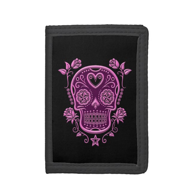 Pink Sugar Skull with Roses on Black Tri-fold Wallet (Front Vertical)