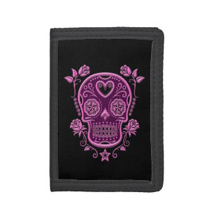 Pink Sugar Skull with Roses on Black Trifold Wallet