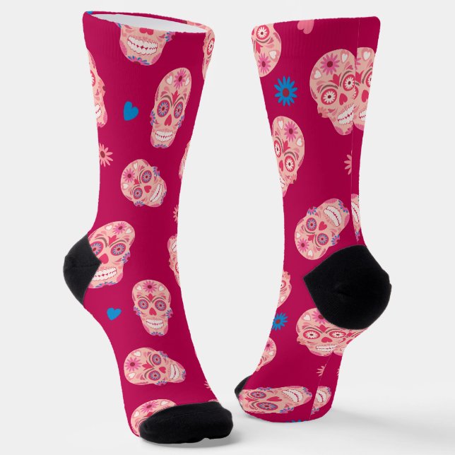Pink Sugar Skulls Day of the Dead Socks (Angled)