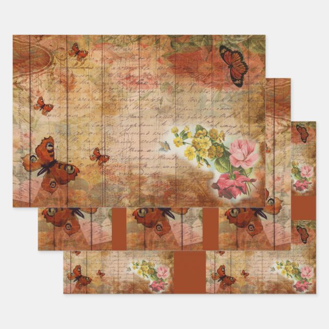 Pink Summer Butterfly with Flowers Ephemera  Wrapping Paper Sheets (Set)
