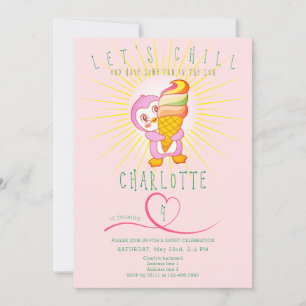 Pink Summer Chill Ice Cream Funny Penguin Birthday Invitation