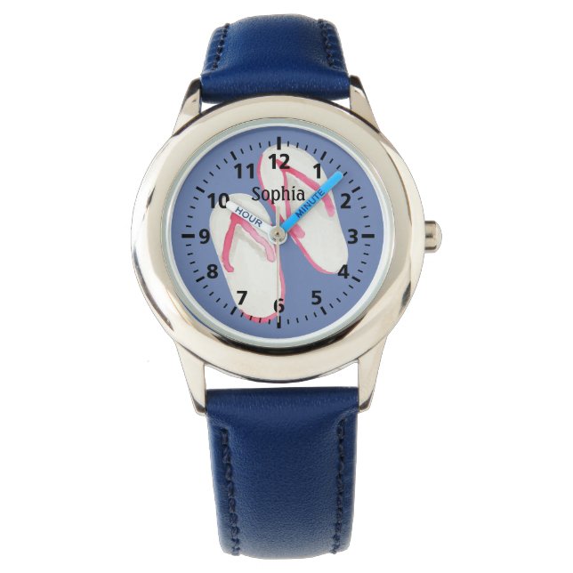 Pink Summer Flip Flops on Blue Personalized Watch (Front)