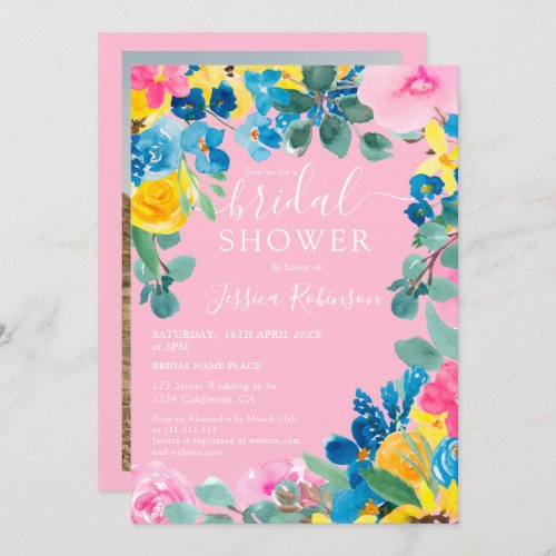 Pink summer floral photo bridal shower invitation