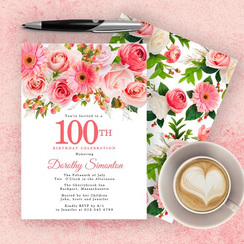 Pink Summer Floral Pretty 100th Birthday Invitation