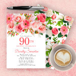 Pink Summer Floral Pretty 90th Birthday Invitation<br><div class="desc">Roses, peonies and daises create pretty summer pink floral design. Buds and foliage add a rustic vibe. 90th is written in a large bold text. It can be changed for any year you wish. The birthday celebrant's name is written in an elegant script font. The back of the invitation is...</div>