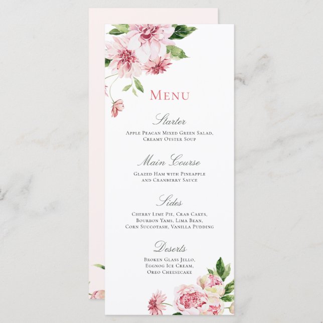 Pink Summer Floral Romantic Bridal Shower  Menu (Front/Back)