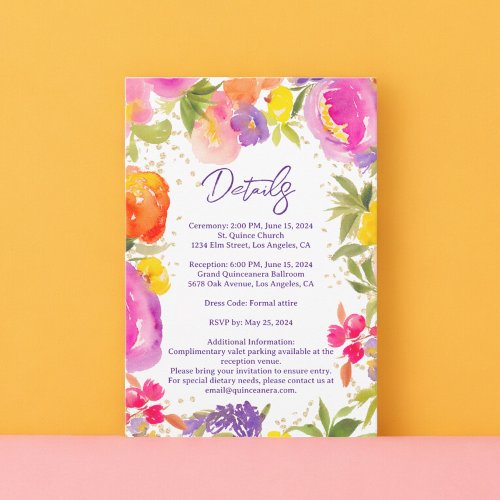 Pink summer floral watercolor details Quinceanera Enclosure Card