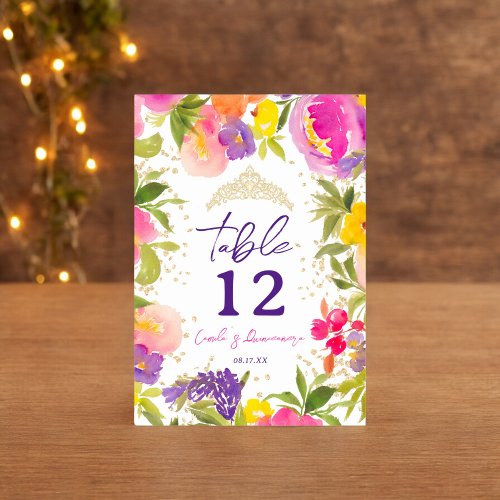 Pink summer floral watercolor gold Quinceanera Table Number