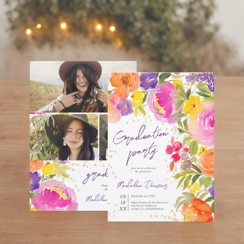 Pink summer floral watercolor photos graduation invitation