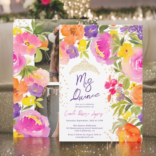 Pink summer floral watercolor photos Quinceanera Invitation