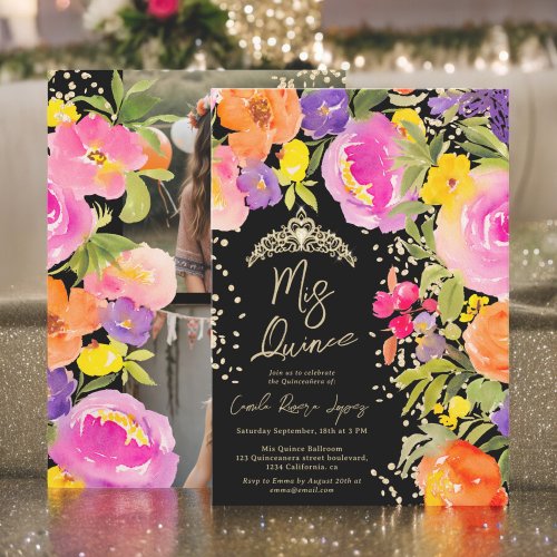 Pink summer floral watercolor photos Quinceanera Invitation