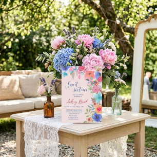 Pink summer floral watercolor photos Sweet 16 Invitation