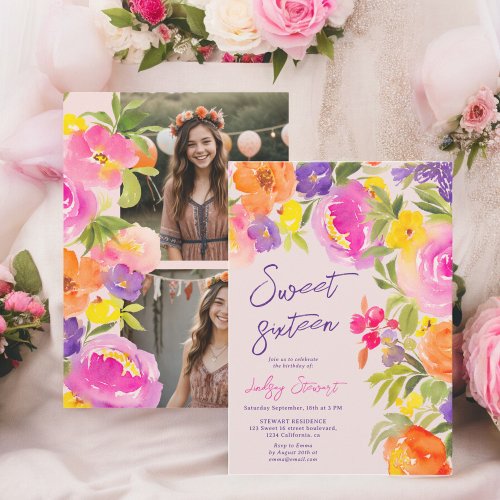 Pink summer floral watercolor photos Sweet 16 Invitation