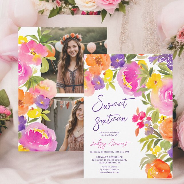 Pink summer floral watercolor photos Sweet 16 Invitation (Pink summer floral watercolor photos Sweet 16 Invitation)