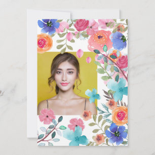 Pink summer floral watercolor photos Sweet 16 Invitation