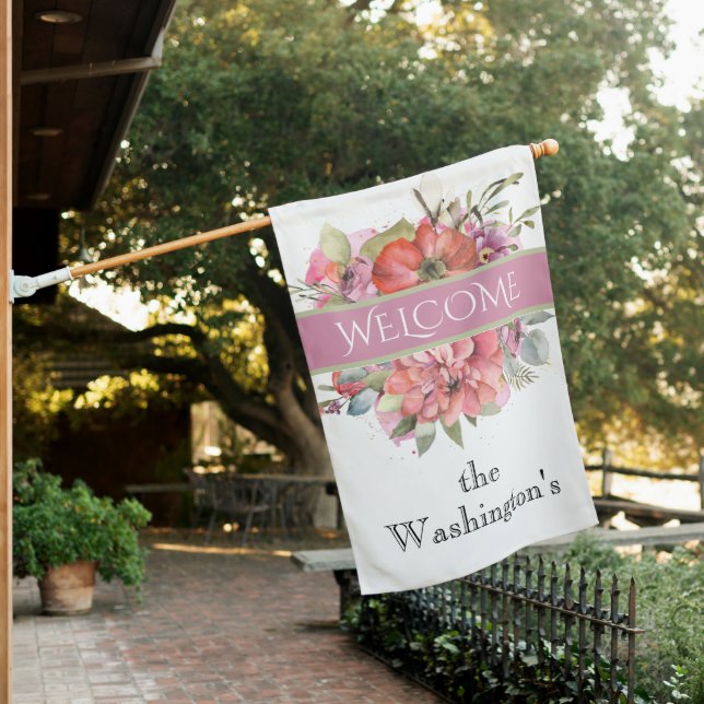 Pink Summer Florals WELCOME house  Flag (In SItu)