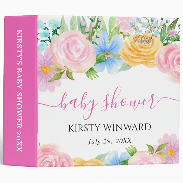 Pink Summer Flowers Baby Shower Photo Album 3 Ring Binder (Front/Spine)