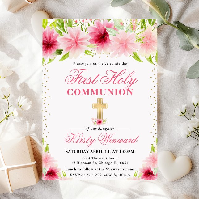 Pink Summer Flowers First Holy Communion Invitation (Creator Uploaded)